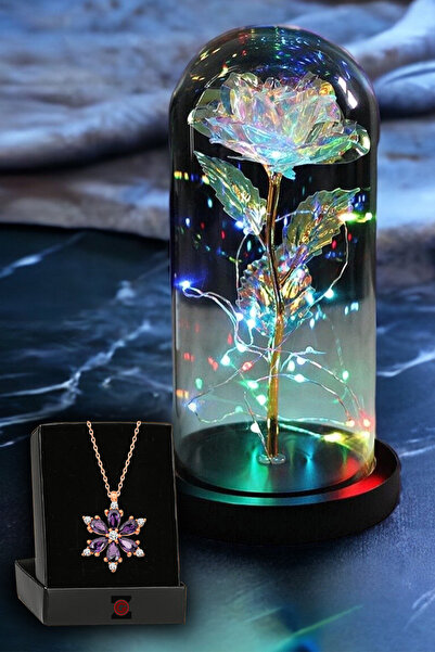 ozbience RGB LED Işıklı Sonsuzluk Gülü ve Lotus Çiçekli Dekoratif Fanus