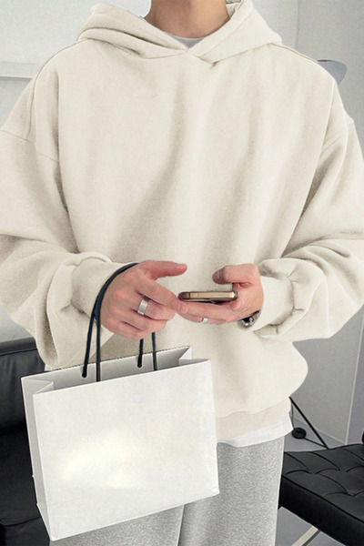 THE RULE Unisex Oversized Loose Cut Cotton 3 Thread Ş Fleece-Lined Basic Beige Ka Hooded Sweatshirt with Fleece Inside