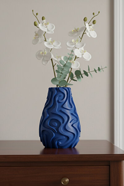 MEK مزهرية بلاستيكية مزخرفة بنمط مموج أزرق (20 × 15 سم)