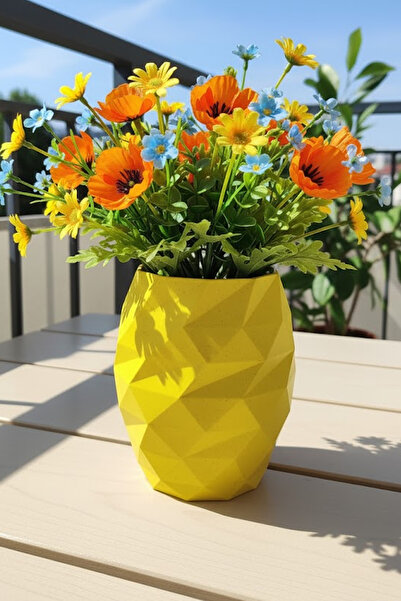 MEK Modern Polygon Design Decorative Plastic Vase Yellow (20X17Cm)