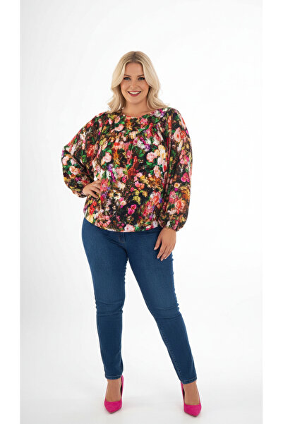 SHOPPEBUTİK Plus Size Colorful Floral Patterned Roba Gathered Long Sleeve Blo...