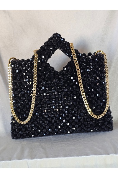 AGH Değerli Hediyeler حقيبة يد مصنوعة يدويًا من الخرز الأسود - حقيبة كتف بسلسلة