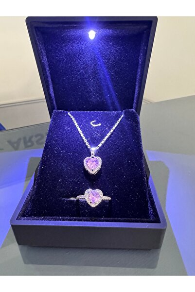 shop IŞIKLI KUTUDA PEMBE KALPLİ KOLYE YÜZÜK SETİ ÇELİK