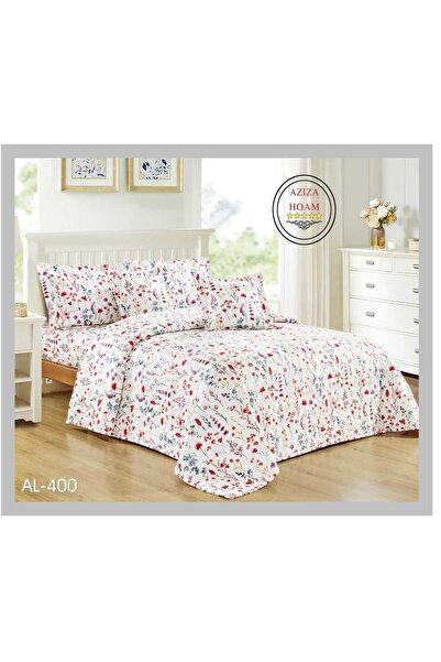 FABRIC A 6-piece double-size comforter set in white with a red-grey floral pa...