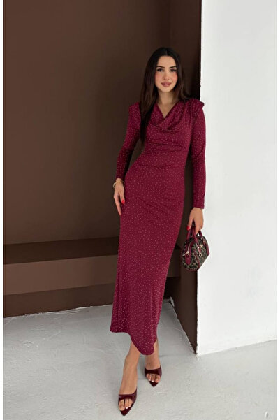 ZY BUTİK Bordo Taşlı Degaje Yaka Omuzları Vatkalı Uzun Kollu Balık Abiye Elbise