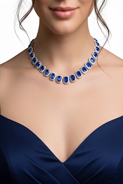 CAŞ DEKORASYON قلادة فستان سهرة باللون الفضي مع حجر أزرق