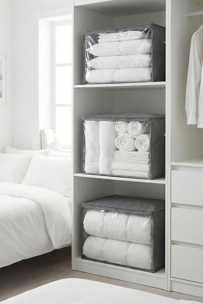 REKHOME 3 Pieces Gray Windowed Large Size Pillow Quilt Sweater Storage Bag / 60X40X40