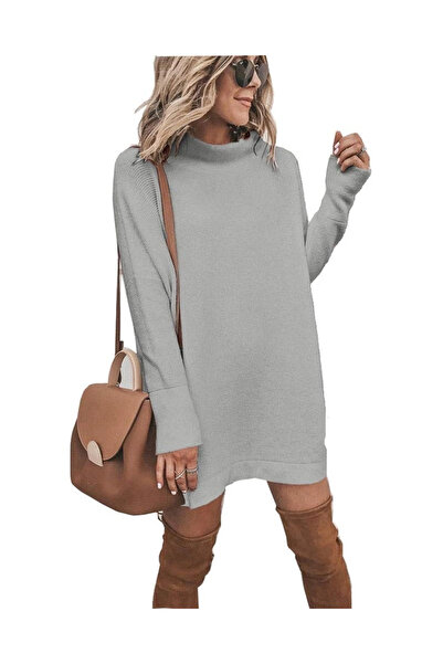 OEM Rochie casual de damă peste genunchi, cu mâneci lungi, gri, mărimea S