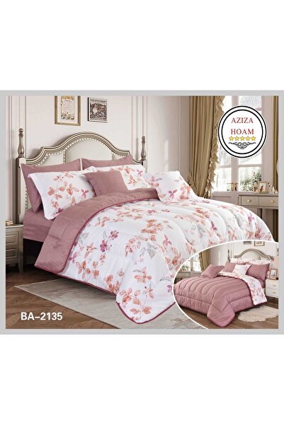 FABRIC A 6-piece double bed comforter set in a soft mauve-pink color with flo...