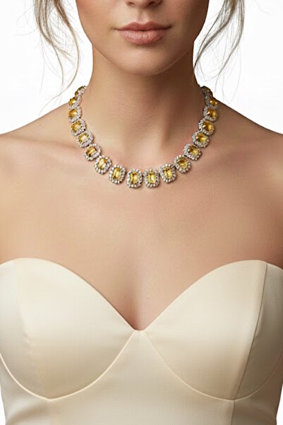 CAŞ DEKORASYON Silver Color Yellow Stone Evening Dress Necklace