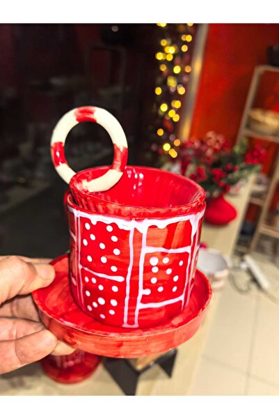 Libra Seramik Yılbaşı Özel Tasarım 220 ml Kırmızı Üzerine Beyaz Kar Desenli, ...