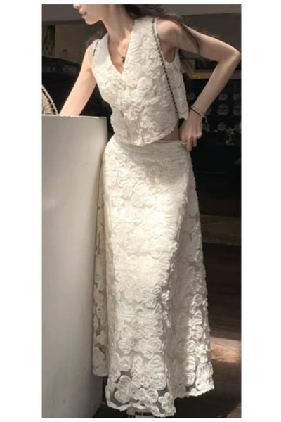 ALN Elegant Women's Lace Set – Vest with Decorative Buttons & Maxi Skirt, Made in Italy -