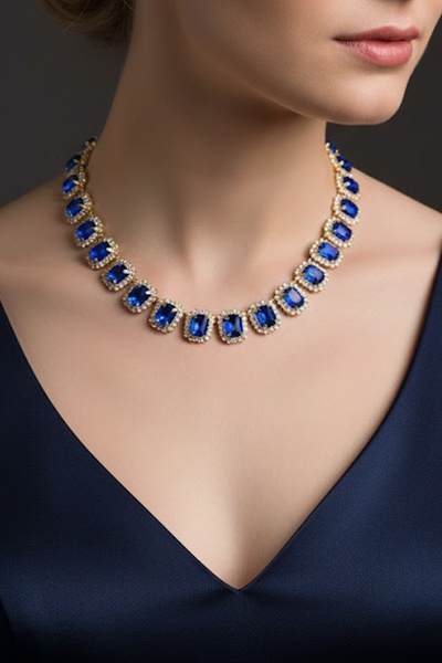 CAŞ DEKORASYON Gold Color Blue Stone Evening Dress Necklace