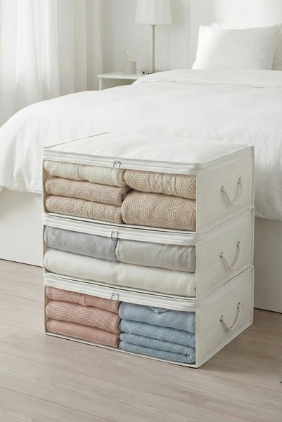 REKHOME 3 Pieces White Windowed Underbed Pillow Quilt Sweater Storage Bag / 60X45X15