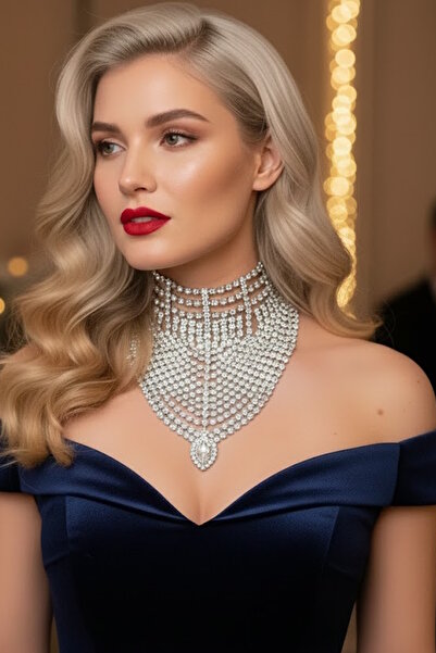 CAŞ DEKORASYON Silver Color Stone Evening Dress Necklace