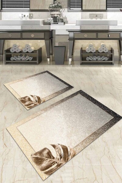 SUARE HALI طقم سجادة حمام منقوشة بأوراق شجر باللون البيج مقاس 60 × 90 سم + 60...