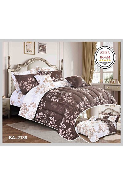 FABRIC A 6-piece floral double duvet set in chocolate brown with a white patt...