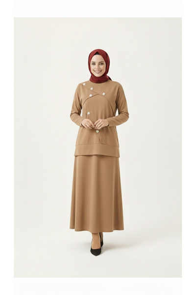 ribana Women's Woven Fabric Button Detailed Long Skirt Hijab Set