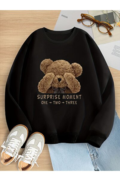 LELVANİ Hanorac unisex cu imprimeu ursuleț și text „SURPRISE MOMENT”