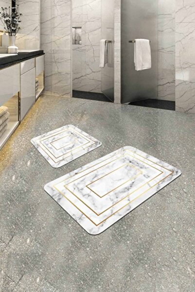 SUARE HALI طقم سجادة حمام بمظهر الرخام الأبيض مقاس 60 × 90 سم + 60 × 60 سم