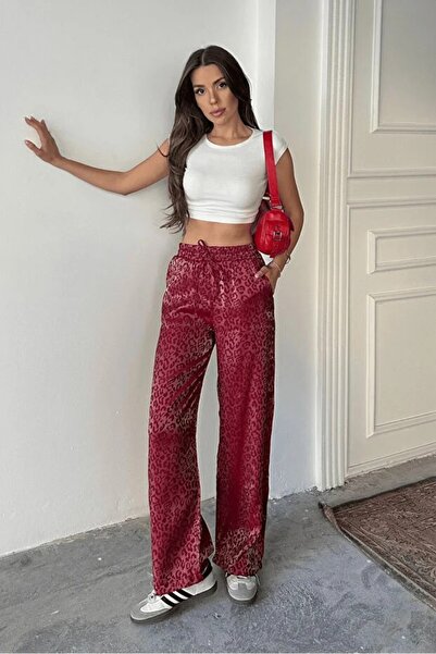 Ales Moda Leopard Print Satin High Waist Fabric Pants