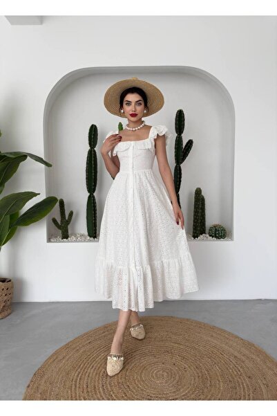 EtikaOnline Kadın Beyaz Fisto Desenli Düğmeli Midi Elbise