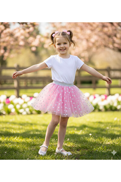 Dudese Kız Çocuk Işıltılı Kalp Desenli Pembe Tütü Etek Simli Gümüş Bel Detaylı