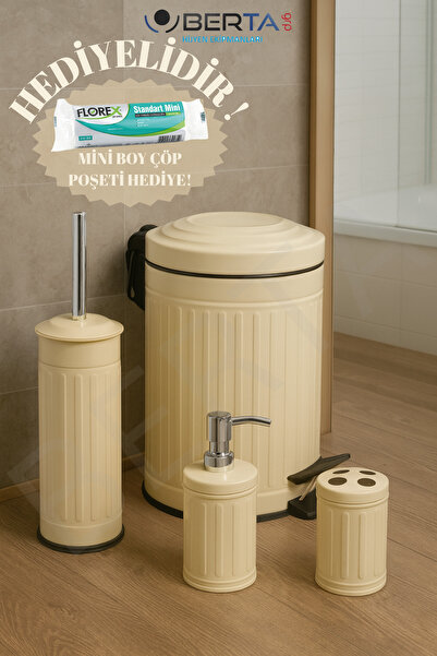 ozbience Vintage Dörtlü Banyo Seti, Krem Renkli, Çöp Kovası, Tuvalet Fırçası,...