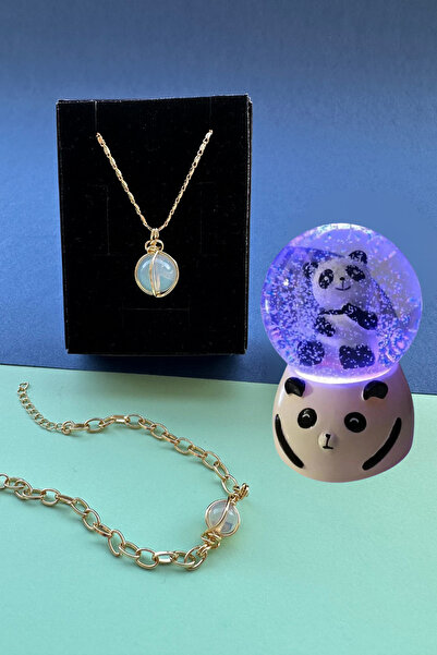 ozbience Ay Taşlı Kolye ve Bileklik ile Işıklı Pandalı Kar Küresi Seti