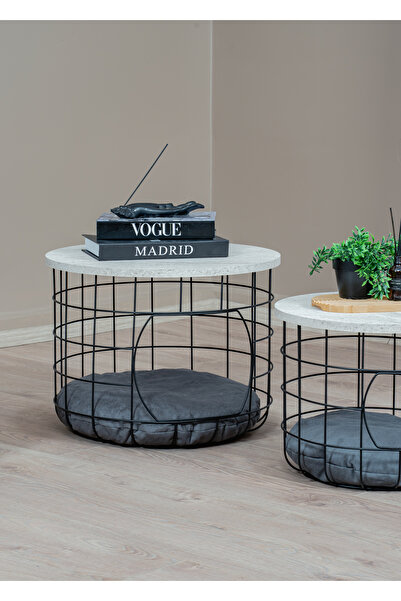 toprakhome Yastıklı Kedi Yuvalı Sepet Sehpa 2 li Traventen Ahşap