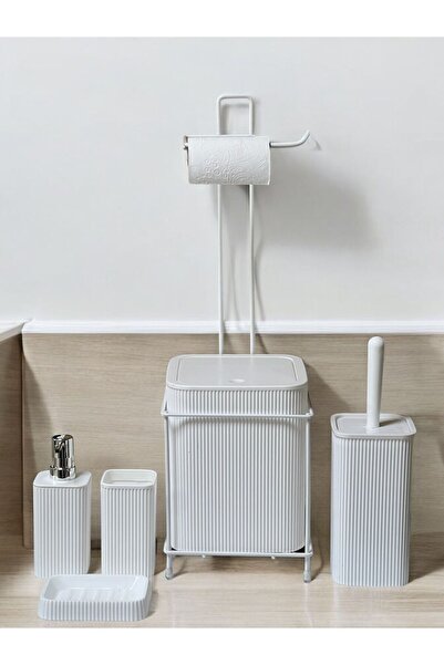 ozbience 6 Parça Banyo Seti, Metal Standlı Çöp Kovası, WC Kağıtlık ve Tuvalet...