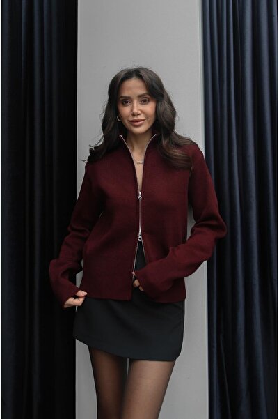 Havoş Burgundy Double Zipper Cardigan