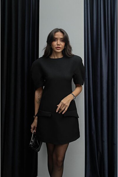 Havoş Black Bombe Shoulder Dress with Ornamental Pockets