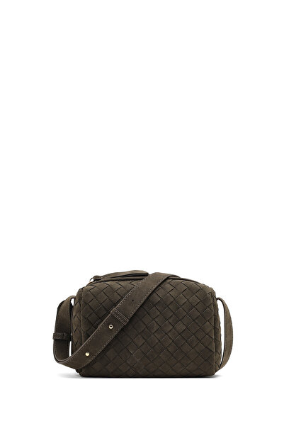 Derimod Women's Dark Gray Long Strap Knitted Suede Crossbody Bag 25Wbd290729