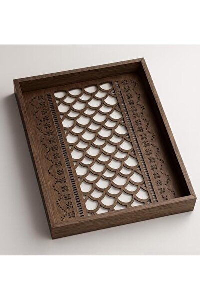 Generic Set of 2 Wooden Serving Trays with Glass Base and Decorative Engravings