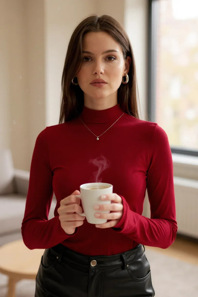 İntive Lingerie Women's Burgundy Finger Detailed Stretchy Long Sleeve Bodysuit