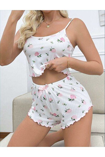 MODA YILDIZ Set de acasă cu model din material subțire pentru femei cu pantaloni scurți