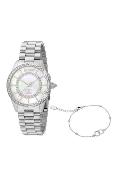 Just Cavalli stainless steel watch set with crystals and bracelet, Silver