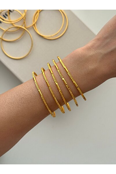 YOUES JEWELRY 22 Ayar 5 ADET Gold Altın Kaplama Kristal Desenli Ajda Bilezik 5 ADET