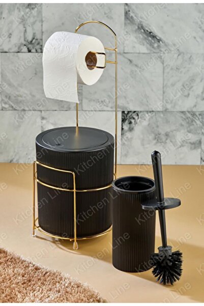 ozbience Lüx Gold 3'lü Banyo Seti, Tuvalet Kağıdı, Çöp Kovası, Tuvalet Fırças...