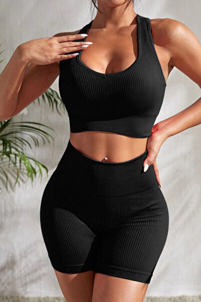 isiltikidsmoda Women's Black High Waist Cross Back Detailed Shorts Nightgown Set