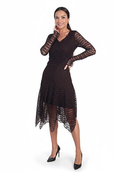 By Saygı Women's V-Neck Lined Front Gathered Skirt Asymmetrical Midi Lace Dress