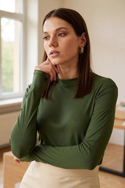 İntive Lingerie Women's Khaki Green Finger Detailed Stretchy Long Sleeve Body...