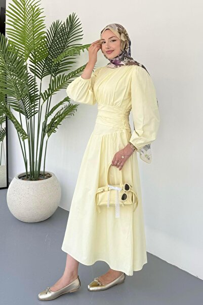 Taba Balon Kol Kuplu Bel Detaylı Poplin Tesettür Elbise