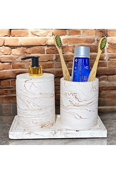 ozbience طقم إكسسوارات حمام من الخرسانة بتصميم رخامي طبيعي (3 قطع)