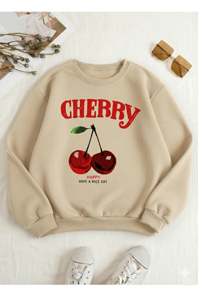 Trend Sizde Hanorac unisex bej Chery cu imprimeu guler rotund