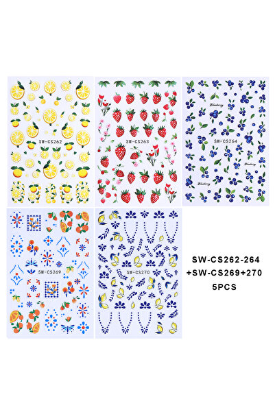 Choice SW-CS262-264 269-270 3/5 قطع ملصقات أظافر بوهيمية ثلاثية الأبعاد على شكل فاكهة زرقاء كرتونية ليمون برتقالي زهور فرنسية P