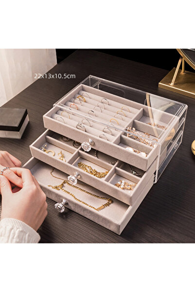 Choice صندوق تخزين أقراط مخملي رمادي اللون، منظم مجوهرات بثلاث طبقات، تصميم د...