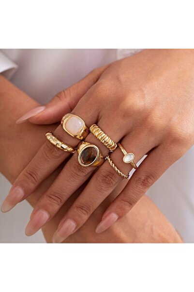 Choice مجموعة خواتم ذهبية من 6 قطع بتصميم فرنسي بسيط من المعدن العتيق للنساء ...