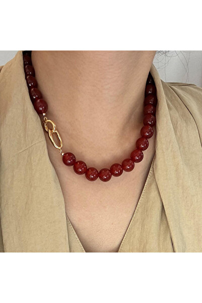 Choice عقد من خرز حجر العقيق الأحمر الداكن الفرنسي من يوبسك مقاس 10 مم للنساء...